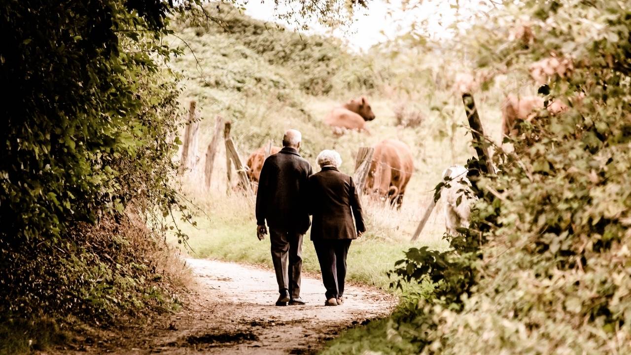 An elderly couple taking a walk in the countryside