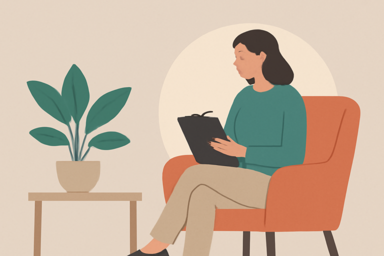 Editorial illustration of a calm one-to-one therapy consultation room representing starting a counselling practice in Ireland